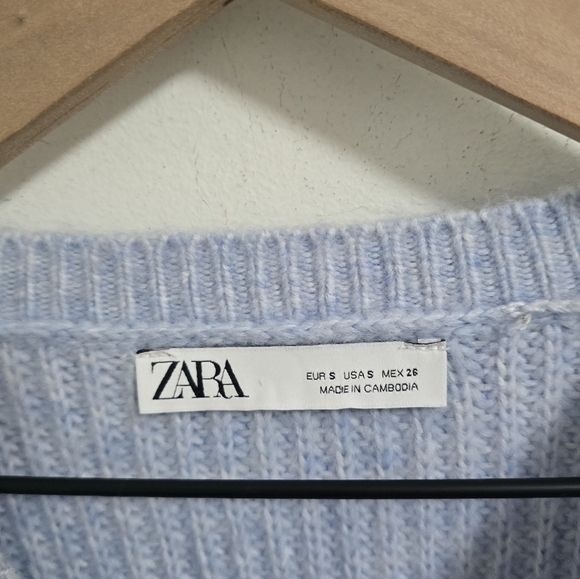 Zara blue ribbed knit balloon ruffle sleeves sweater size S - Picture 7 of 8